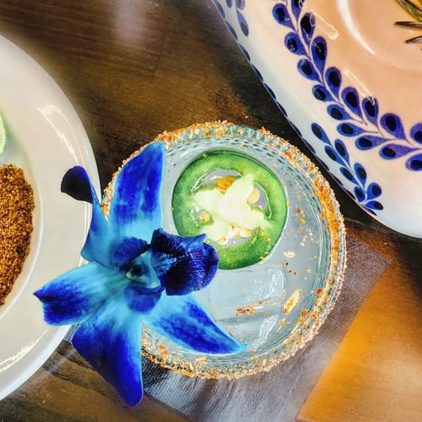 A jalapeño margarita with a chili-lime rim, garnished with a blue orchid and jalapeño slice.